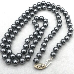 Vintage Hematite Bead Necklace 8mm Knotted 30 in Opera Length Filigree Clasp